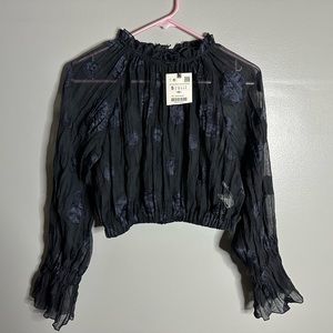 NWT ZARA long sleeve sheer crop blouse S